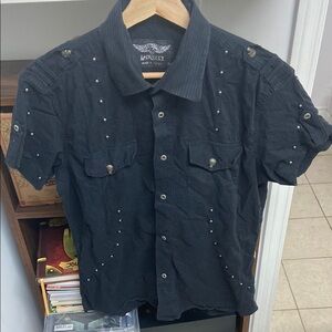 Vintage Larecci Skulls All Over Men's Black Button-Up Shirt
